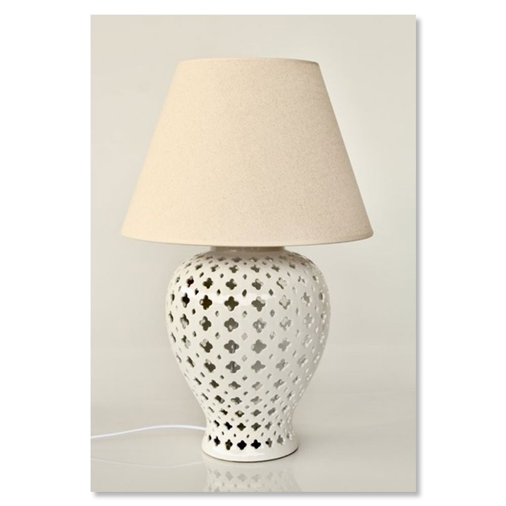 White Ceramic Cut-Out Lamp – Beige Shade