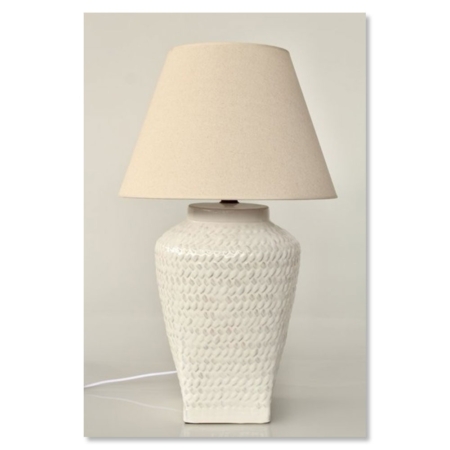 White Ceramic Basket Weave Lamp – Beige Shade