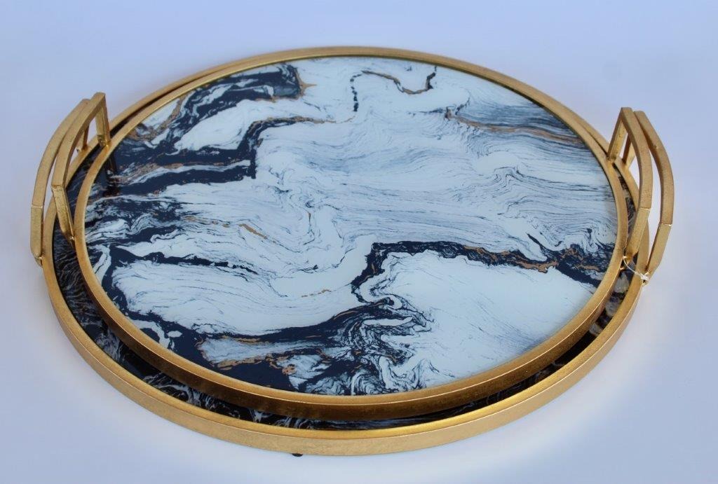 Set of 2 Black & White Marbled Trays 8x57cm