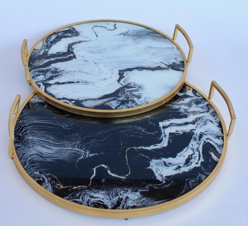 Set of 2 Black & White Marbled Trays 8x57cm