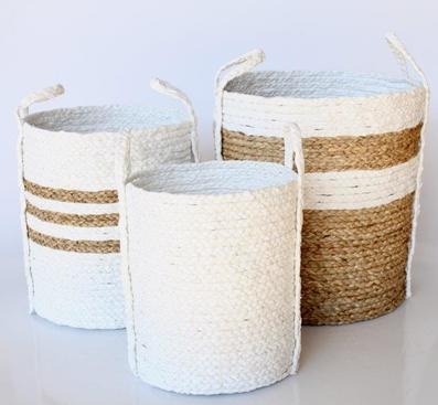 Set of 3 Natural & White Baskets 40x40cm