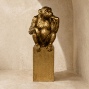 Gold Monkey Statue on Pedestal Base 39x14x13cm