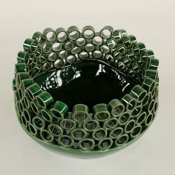 Dark Green Holey Ceramic Bowl 18x26cm