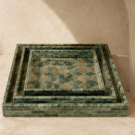 Set of 3 Green Geometric Capiz Trays 5.5x47.5x37cm