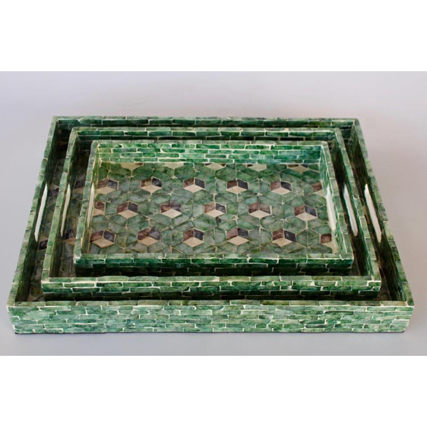 Set of 3 Green Geometric Capiz Trays 5.5x47.5x37cm