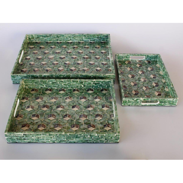 Set of 3 Green Geometric Capiz Trays 5.5x47.5x37cm
